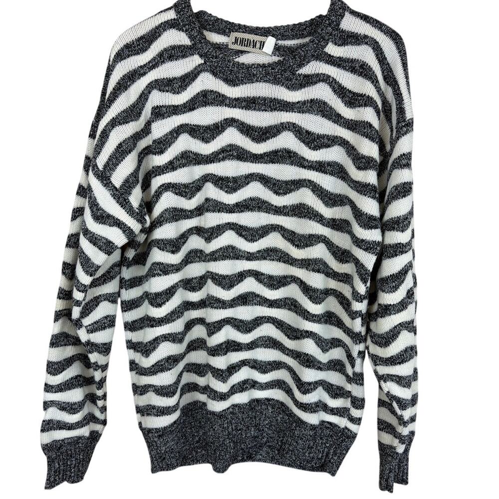 Vintage Jordache White Black Striped Knitted Long Sleeve Top Size L USA